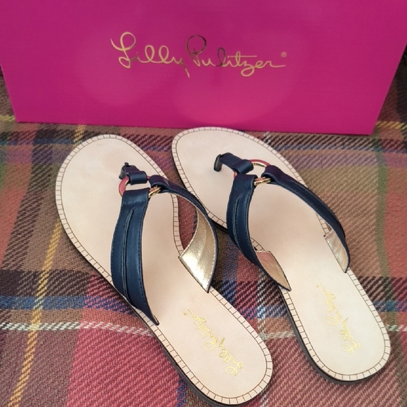 Lilly Pulitzer Navy and Gold McKim Sandals - Picture 1 of 8